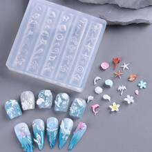 Moules à ongles en silicone thème océan, moules pour art des ongles 3D coquillages, étoiles de mer, dauphins. Modèles de gravure thème plage pour charms à ongles en gel 3D, outils de décoration manucure pour ongles d'été DIY pour femmes avec stylo de gravure en silicone - Transparent - Voir 7