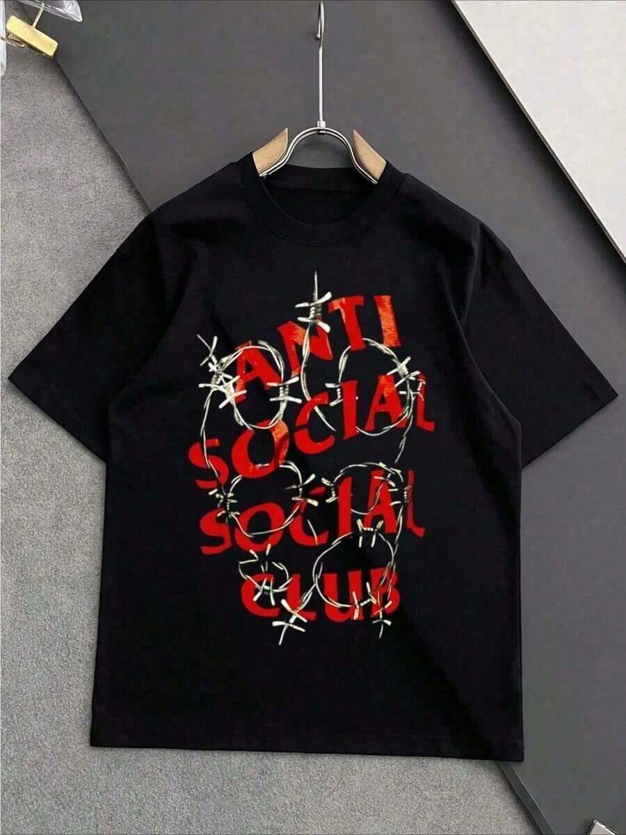 Black Short-Sleeved T-Shirt With Red Anti-Social Club Pattern And Barbed Wire Decoration Offers Men's Beachwear Tops Women's Sweatshirts. - 黑色 - 查看 1