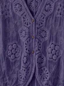 波希米亞風V領刺繡罩衫 - 寬鬆版型和服罩衫，適合夏季海灘度假，附花卉蕾絲細節 - 藏蓝色 - 查看 9