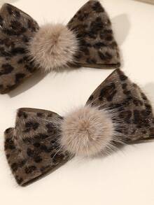 2pcs Leopard Print Plush Bow Hair Clips With Beige Faux Fur Ball & Brown Frog Button Decoration, Cute Fashion Hair Clips, Alligator Clips & Hairpins, Birthday, Party & Daily Wear Hair Accessories For Girls - Brown - View 3