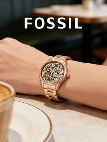 Fossil 女士玫瑰金自动机械镂空表盘花卉雕刻机芯表圈玫瑰金不锈钢表带优雅女士腕表，送给妻子、女友、母亲、姐妹、伴娘、婚礼、周年纪念日的礼物 - 玫瑰金 - 查看 3