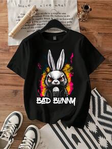 Angry Rabbit Music Graphic Tee.Vintage Graphic Print Casual Cotton Short Sleeve T-Shirt - Black - View 1