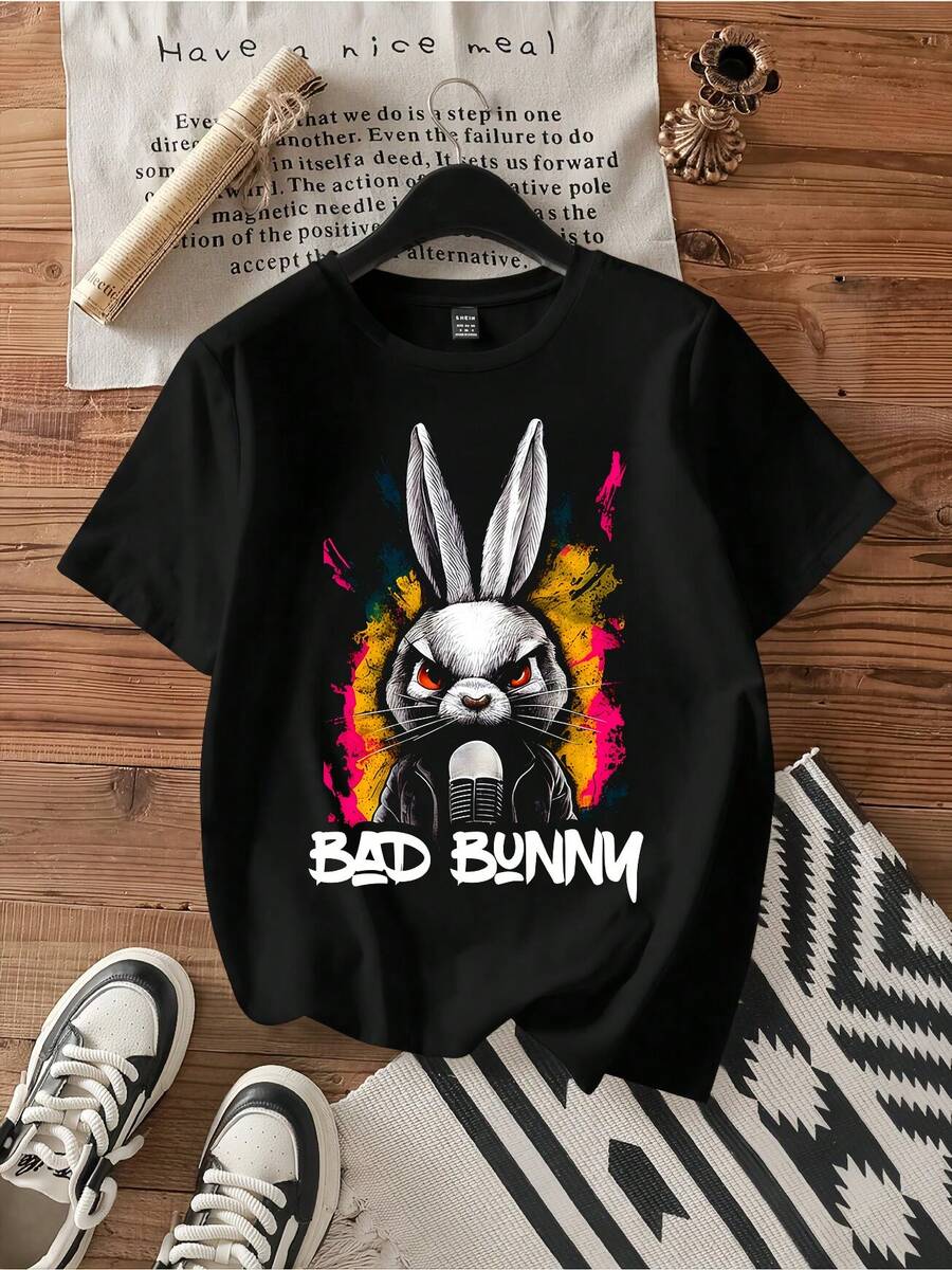 Angry Rabbit Music Graphic Tee.Vintage Graphic Print Casual Cotton Short Sleeve T-Shirt - Black - View 1