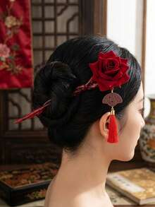 1pc/2pcs Red Rose Tassel Hair Stick, ABS Material, Classical Elegant Updo Hair Accessory, Chinese Vintage Romantic Hair Pin, Suitable For Hanfu, Wedding, Banquet, Festival, Party, Date, Commute, Photography, Daily Wear - Multicolor - View 4