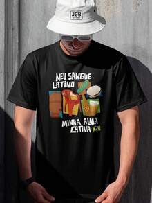 Camiseta Meu Sangue Latino Minha Alma Cativa Brasil 100% Algodão Unissex Masculino Feminino Plus Size Blusa Outono Inverno Copa Mundo - Preto - Visão 1