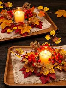 Autumn Candle Ring Wreath, Artificial Maple Leaves With Red Berries, Mixed Autumn Candle Holder Tabletop Centerpiece Decor, Yellow Orange Red Color Scheme, Round Candle Wreath, Suitable For Christmas, Thanksgiving, Wedding, Home, Dining Table, Party Decoration - Multicolor - View 3