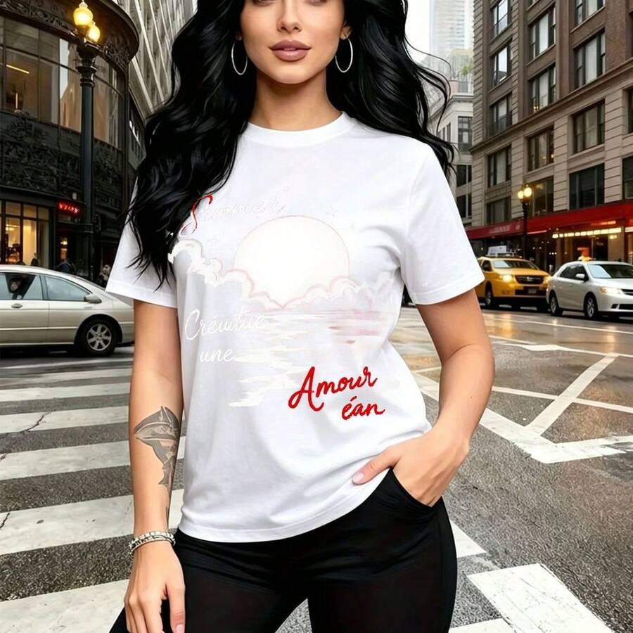 Camiseta de mujer con estampado artístico de luna llena y olas, diseño romántico "Summer Création une Amour Éternel" - camiseta casual de manga corta con ajuste cómodo y elegante, estilo urbano perfecto para paseos por la ciudad o eventos diurnos - r - Blanco - Ver 1