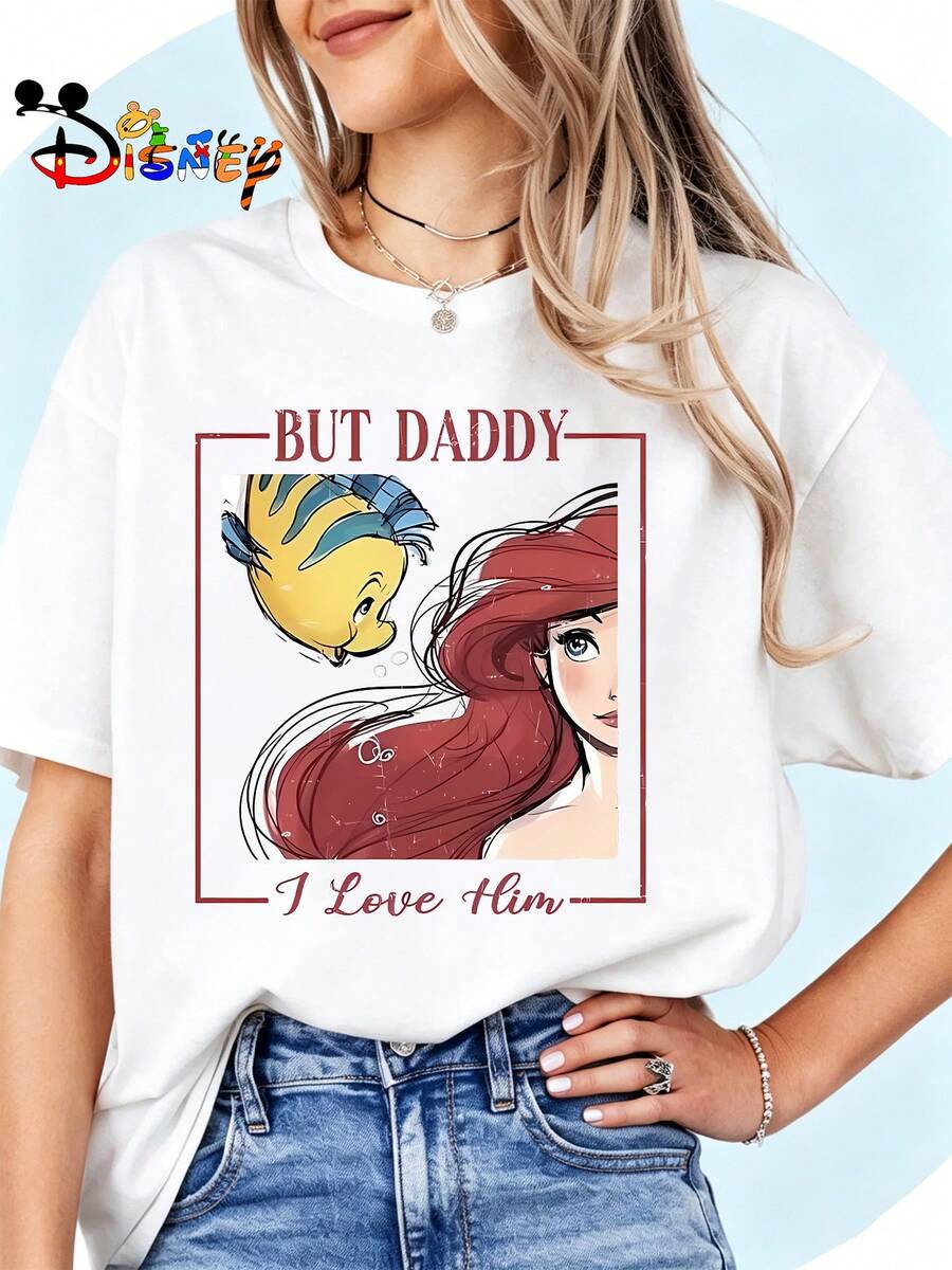 Breathable Cotton Disney Fan Tee | "Ariel & Flounder" Nostalgic Quote Graphic Print | Pullover Shirt - 白色 - 查看 1