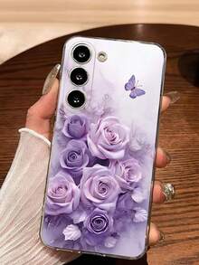 1件優雅鮮豔紫色玫瑰花與蝴蝶軟手機殼，適用於 iPhone 17 系列、Honor、Galaxy A04e/12/A13/A14/A34/A50/A52/A53/A54/S21/S22/S23/S24/S25/S25Ultra、6A/7A/8A、12T/13T - 無色 - 查看 4
