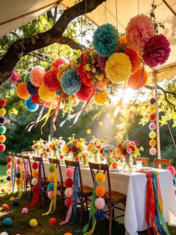 30pcs/Set Vibrant Colorful Paper Flower Ball Hanging Decorations, Multi-Purpose Paper Flower Balls, Suitable For Weddings, Ceiling Decor, Outdoor Scenes, Birthday Parties, Rustic Weddings, Graduation Ceremonies, Anniversaries, Spring/Summer Decor