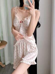 Polka Dot Pajamas For Women, Spring/Summer Polka Dot Pajamas, Camisole With Cups - FF - Xem 3