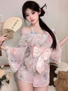 1pc Japanese Style Sakura Geisha Sexy Innocent Bow Kimono Costume Set, Suitable For Cosplay, Parties, Performances, Photoshoots - Includes Dress + Sash Only Spring - Multicolor - View 10