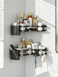 2 piezas Estantería de ducha de esquina sin taladro montada en la pared Organizador de baño con soporte para cepillo de dientes Ganchos Estante de metal antioxidante para almacenamiento de inodoro, cocina, champú, cosméticos y suministros del hogar - 2 años - Ver 10