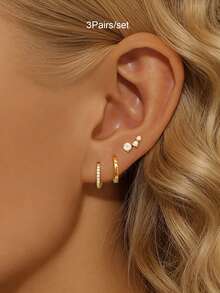 3Pairs Earrings Set For Women Gold Plated Zirconia Stud Hoop Earrings Stack Women Daily Jewelry Accessories - 3Pairs/set - View 11