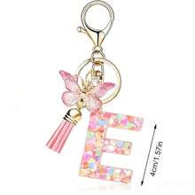 Llavero con letra, borla y colgante de mariposa, para billetera, mochila, bolso de mano - Multicolor - Ver 18