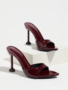 Mules à talons hauts brillantes pour femmes avec design cintré à la taille, chaussures de mode pour printemps/été, boîte de nuit, fête, soirée, gala, extérieur, rue, défilé, scène, mariage, maison, décontractées, sandales mules à bout pointu et talons aiguilles hauts avec design cintré à la taille, tissu miroir doux, chaussures élégantes et sophistiquées rouge vin à enfiler pour femmes, talons hauts de mode élégants - Rouge foncé - Voir 7