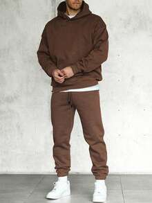 Men's Regular Lightweight Solid Color Sweatshirt And Sweatpants 2 Pieces Set, Spring/Autumn - Brown - View 5