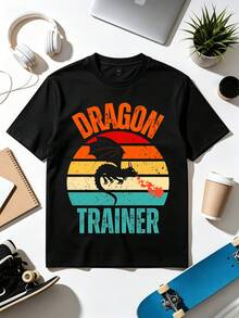 Retro T-Shirt With A Fire-Breathing Dragon Trainer. Soft Fabric, Loose-Fitting Everyday T-Shirt. - Black - View 1