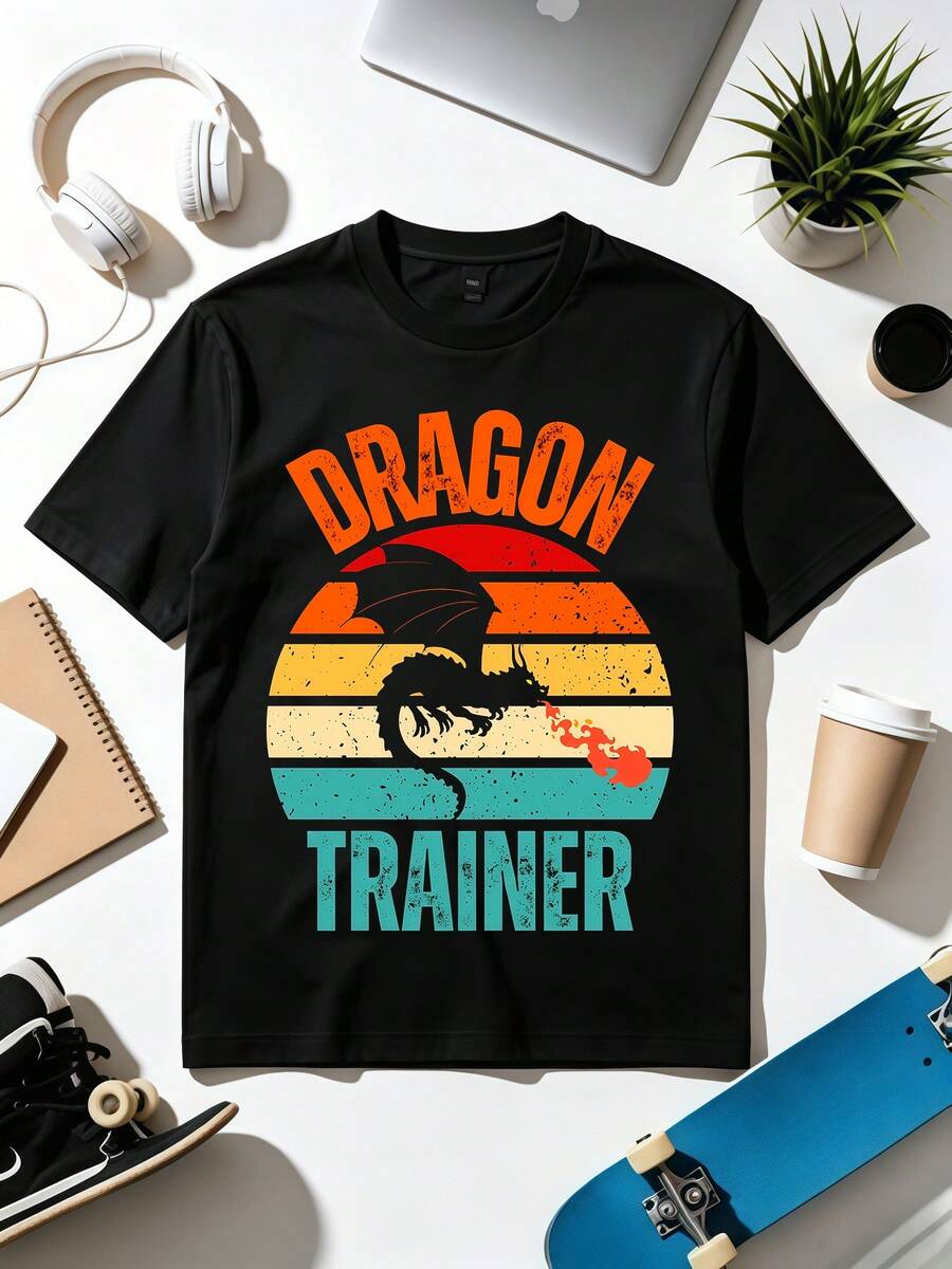 Retro T-Shirt With A Fire-Breathing Dragon Trainer. Soft Fabric, Loose-Fitting Everyday T-Shirt. - Black - View 1