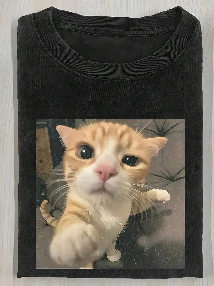 1pcsCute Cat Funny Graphic Graphic T-ShirtMen's Cotton T-Shirt, 230G Washed Short-Sleeve T-Shirt, Suitable For Halloween, Christmas And Spring Festival Gifts180g - 尺寸 - 查看 1