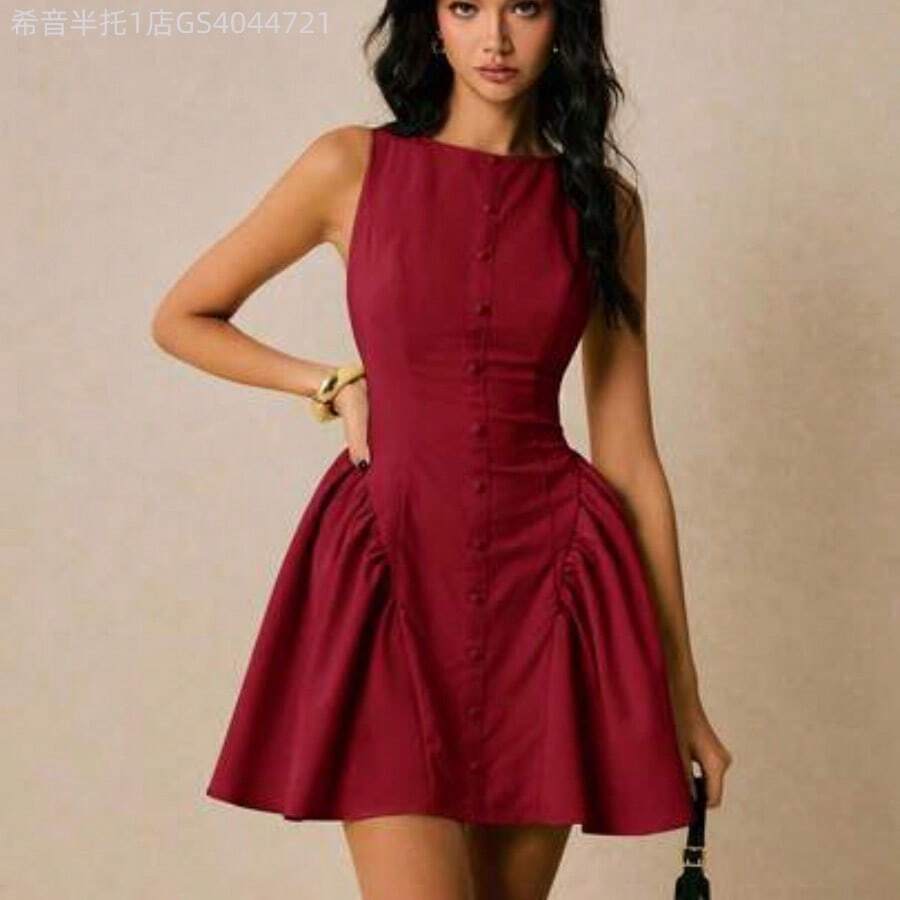 MewMuse. Vestido mini de mujer con cuello de barco, sin mangas, plisado, parche de un solo botonadura y unicolor - Rojo - Ver 1