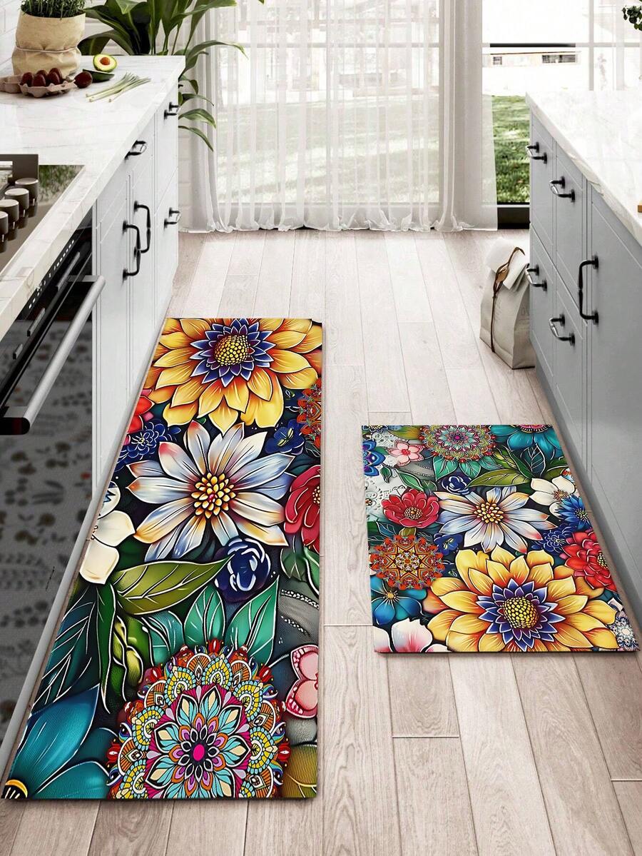 1/2pcs Bohemian Style Kitchen Mat Set, Pop Art Mandala Pattern Kitchen Rug And Mat, Non-Slip Washable, Bohemian Rustic Style Long Runner, Rubber Backing, Kitchen Decor Accessories - Multicolor - View 1