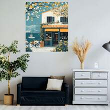 1pc Lienzo de Arte Costero Inspirado en el Mediterráneo - Escena Vibrante de Café junto al Mar con Flores Florecientes y Barcos, Pintura Decorativa sin Marco para Sala de Estar, Regalo Perfecto para Inauguración o Fiestas, 2D Plano, Ideal para Decoración del Hogar - Enmarcado - View 5