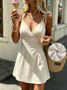 FJDVFranclia Nuevo vestido de verano/primavera para mujer de algodón y lino con tirantes finos, vestido mini de línea A con cuello en V profundo y cintura anudada, de unicolor, ajustado y sexy para vacaciones, citas o playaFBSB A7DS - Blanco - Ver 5
