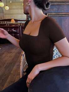 Square Neck Blouse With Short Sleeves, Versatile And Stylish Casual Wear For Everyday Use, Spring/Summer Clothing - Whole Grain Coffee - View 3