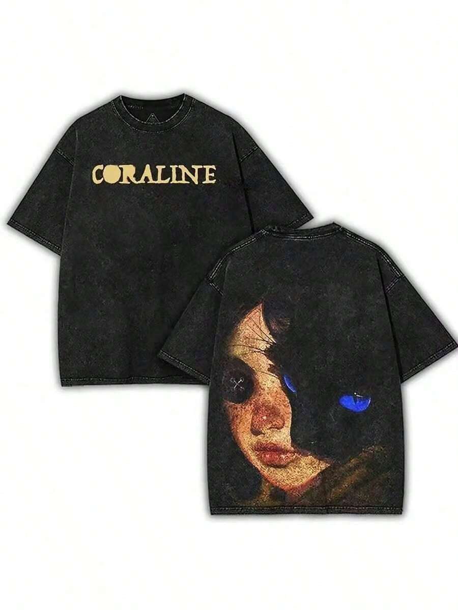 Graphic Cotton-Shirt Anime Print-ShirtWashed Heavy Cotton-Shirts, Movie Shirts Back-To-School Season, Street Clothing Fabrics Fitted Clothes Around Products, American , Valentine's Day,'s Day, Easter, Mother's Day, Men's Shirts And Black Patterns Suitable Other Occasions,% Cotton And 's Shirts. Y2K,Oversize Plus Size Men's S To 5XL,Summer Tee,Oversized Fit, Please Order 2 Sizes Up. - 黑色 - 查看 1