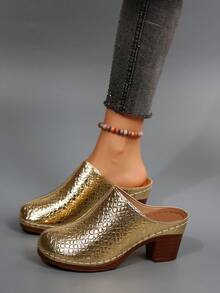New Glossy Chunky Heel Mule Shoes, Fashionable Versatile And Comfortable - Gold - View 1