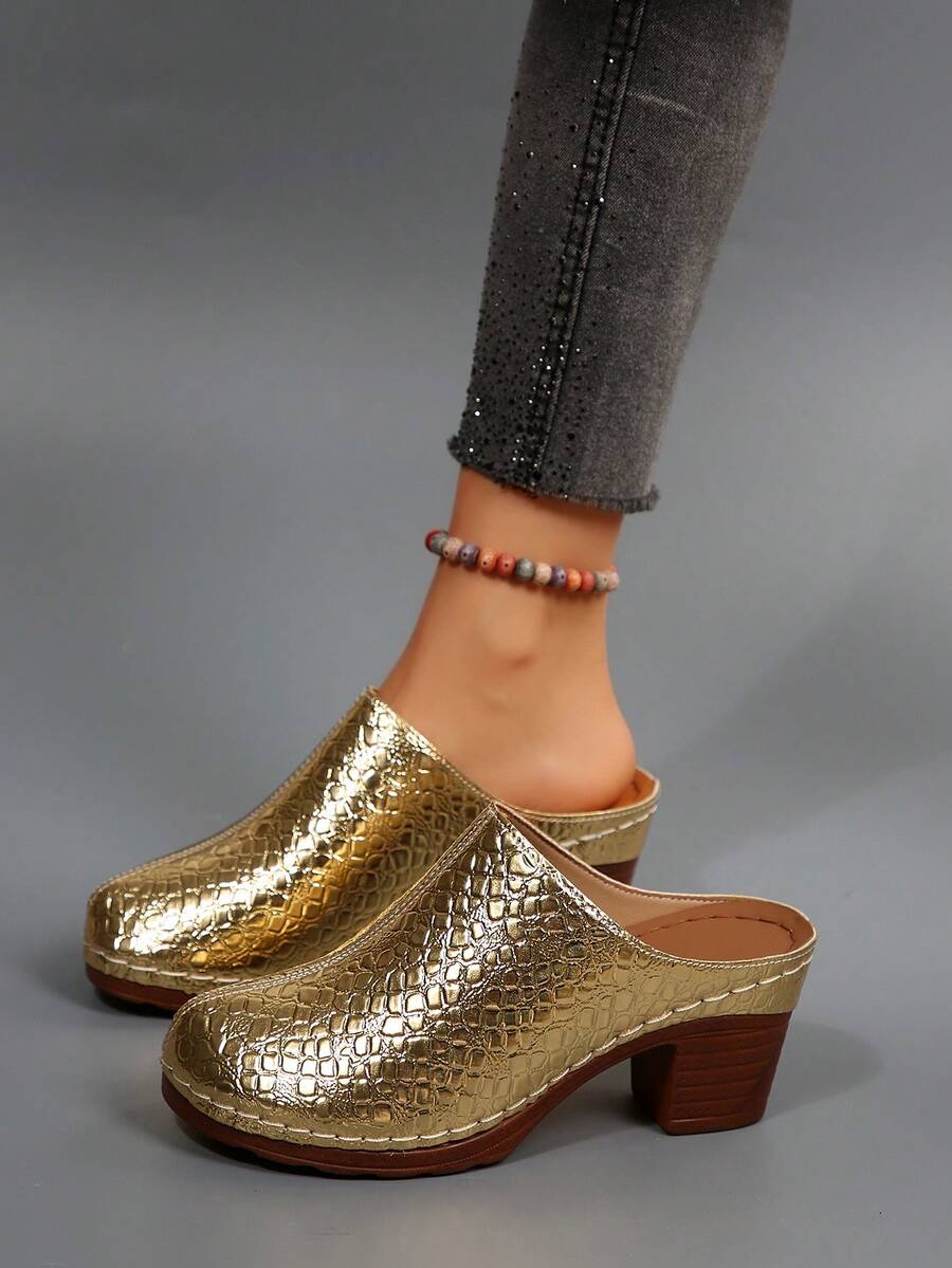New Glossy Chunky Heel Mule Shoes, Fashionable Versatile And Comfortable - Gold - View 1