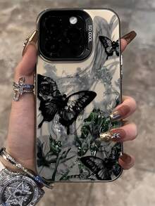 1 pezzo Custodia per telefono personalizzata IMD con motivo a farfalla in pittura a inchiostro nero opaco, compatibile con iPhone 16 Pro Max, 17/16/15/14 Plus/13/12/11, Air e serie - Multicolore - Visualizzare 1