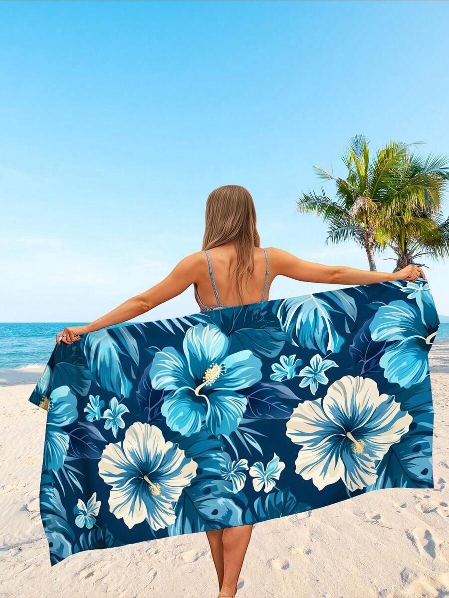 1 PC Floral Print Microfiber Beach Towel Tropical Style Rectangle Super Absorbent Quick Dry Lightweight Towel For Beach Swimming Pool Summer - Blue - View 1