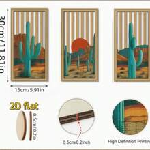 3 pièces Ensemble de décoration murale en bois plat 2D Saguaro Cactus - Art mural en bois creux de coucher de soleil désertique bohème, convient pour le salon, la chambre à coucher - Suspension murale en bois de cactus western vintage - 3 pièces - Voir 4