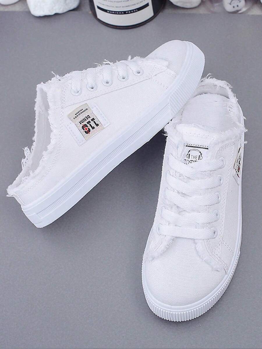 Women's Fashionable And Versatile Outdoor White Lightweight Half-Slip Canvas Flat Non-Slip Comfortable Casual Shoes For Spring, Summer And Autumn. - 白色 - 查看 1