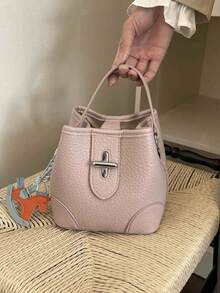 Dedoo Women's Early Spring Litchi Grain Soft Leather Classic Bucket Bag, Metal Cross Lock Design, Versatile Mild Casual Style Suitable For Work, Dates, Afternoon Tea, Handheld & Shoulder 2-Way Bag - Pink - View 5