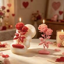 Molde de silicone em formato de rosa para velas, buquê duplo de rosas com suporte, ideal para fazer velas derretidas, sabonetes e resina. Perfeito para decoração e artesanato. - Flor rosa - Ver 4