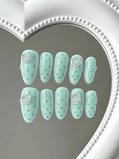 10pcs Medium-Length Almond-Shaped Nail Tips, Fresh Mint Green Base Color, Paired With Hand-Painted Polka Dots And 3D White Camellia Flowers, Gentle And Refreshing Style, Suitable For Young Girls, Daily Commute And Summer Outings, Comes With Jelly Gel And Nail File