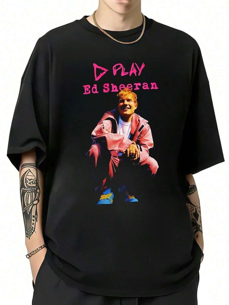 Ed Sheeran Play Tour 2026 Concert Graphic T-Shirt, Oversized Black Retro Pop Style Tee For Fans. - Black - View 1