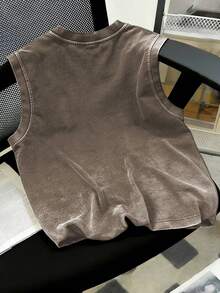 Oversized Distressed Sleeveless Tank Top, Loose Fit Vintage Washed Style, Wide Shoulder Cut, Casual Summer Versatile - Brown - View 2
