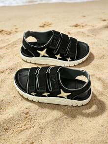 Sandalias cómodas con cierre de gancho y bucle con decoración de estrellas para niños, zapatos planos de playa para estudiantes de talla grande, adecuados para primavera y verano - Negro - Ver 5