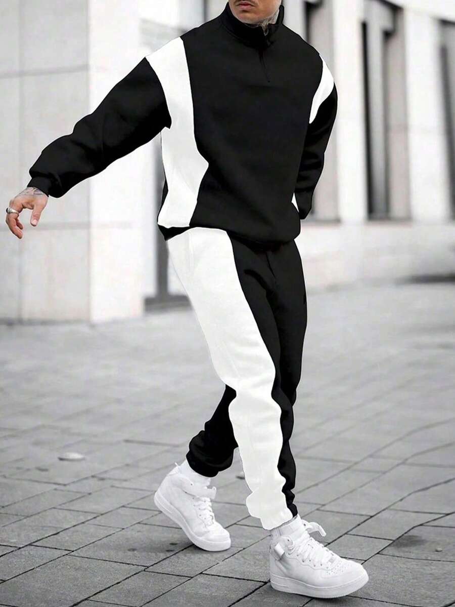 Men's Loose Fit Contrast Color Casual Zip-Up Sweatshirt And Sweatpants Set, Autumn/Winter - 黑色 - 查看 1