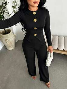 Solid Color Elegant Metal Button Long Sleeve Thin Women's T-Shirt And Straight Leg Pants - Black - View 4