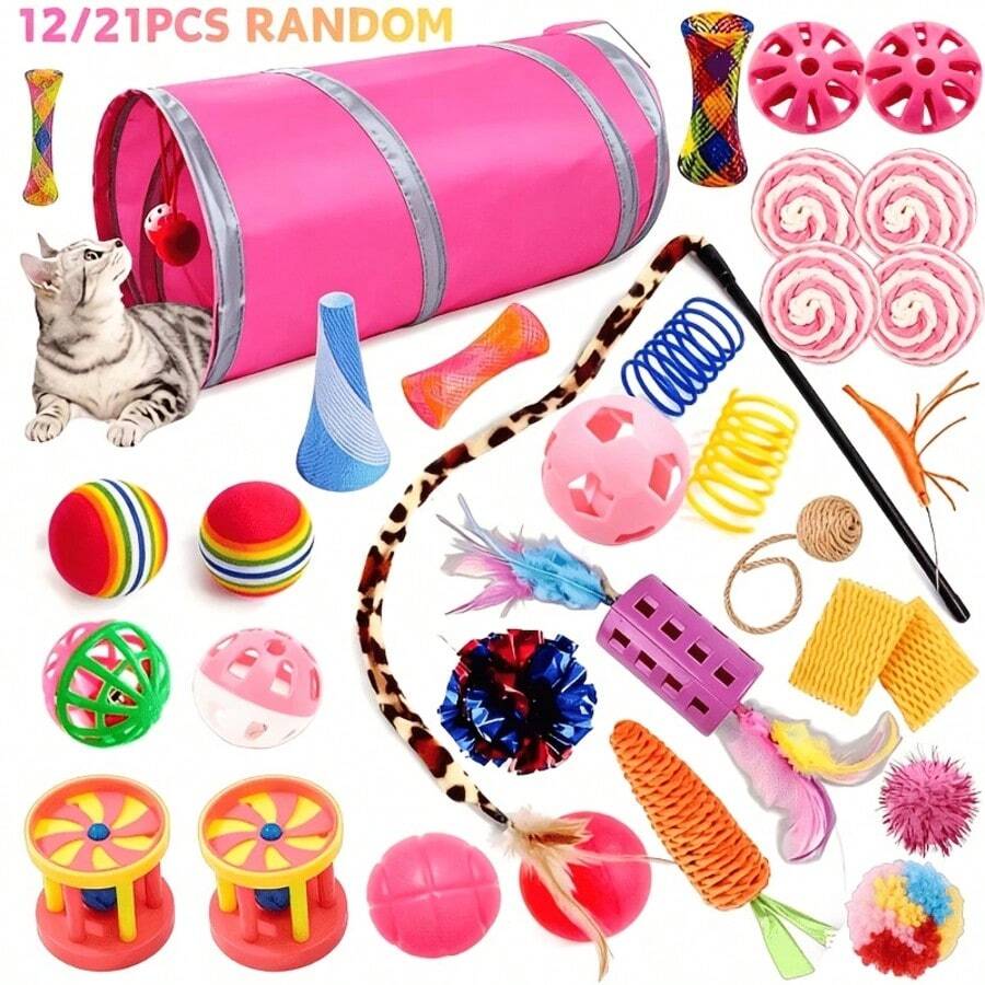 12/21PCS Random Cat Play Tunnel And Pet Toys, Only 21pcs Include Cat Tunnel, Multi-Color, Various Styles, Durable Material, Including Pet Bells, Colorful Springs, Interactive Cat Teaser Wand, Fun Spring Tubes, Suitable For Small Pet Cats - Multicolor - View 1