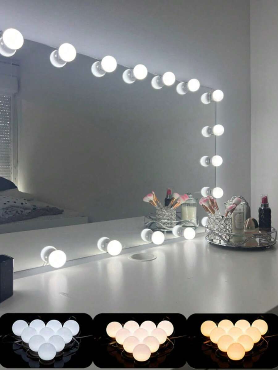 مرآة زينة متعددة الأحجام بإضاءة USB ثلاثية الألوان، إضاءة LED للمكياج مع سلك دوار، قابلة للتعتيم وتعديل الألوان، مصباح طاولة الزينة، 2/4/6/8/10/12/14/16 LED - نجمة - مشاهدة 1