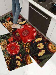 1/2pcs Bohemian Style Floral Kitchen Mat Set, Modern Country Style Floral Kitchen Rug And Mat, Non-Slip Washable, Suitable For Spring/Summer Bohemian Style Kitchen Long Rug, Rubber Bottom Support - Multicolor - View 3