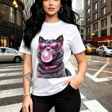 Camiseta de mujer con estampado divertido de gato gris con gafas de sol rosas y burbuja de chicle - camiseta casual de manga corta, ajuste cómodo y moderno, estilo urbano y alegre para la ciudad - ideal para paseos por el centro, salidas con amigas y - Blanco - Ver 1