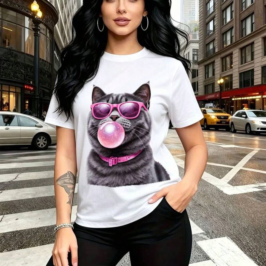 Camiseta de mujer con estampado divertido de gato gris con gafas de sol rosas y burbuja de chicle - camiseta casual de manga corta, ajuste cómodo y moderno, estilo urbano y alegre para la ciudad - ideal para paseos por el centro, salidas con amigas y - Blanco - Ver 1