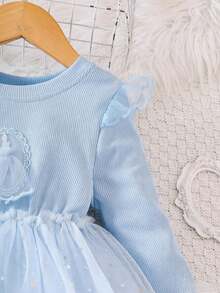 Young Girls' Spring/Autumn Cartoon Print Knit Contrast Mesh Princess Dress - Blue - View 5